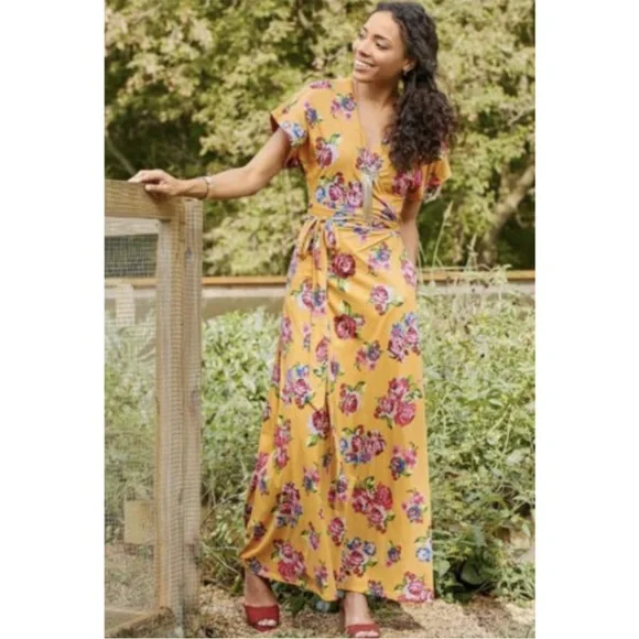 Matilda Jane Alana Jersey Knit Floral Maxi Wrap Dress Mustard Women's Small - Picture 1 of 12